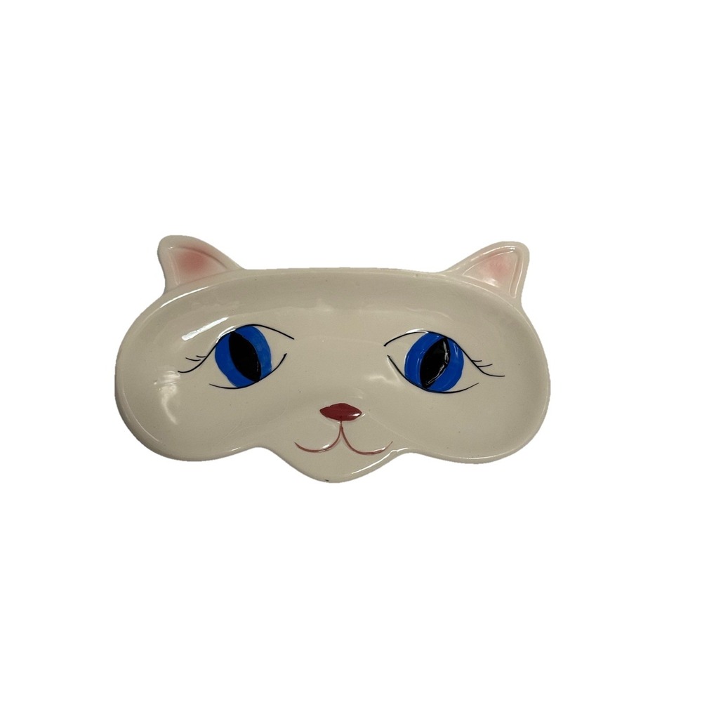 Vintage Ceramic Cat Face Trinket Dish with Blue Eyes - Mid-Century Modern Kitty
